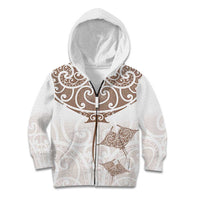 New Zealand Manta Ray Tattoo Kid Hoodie Aotearoa Maori Haehae Beige LT14 Zip Hoodie White - Polynesian Pride