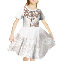 New Zealand Manta Ray Tattoo Kid Short Sleeve Dress Aotearoa Maori Haehae Beige LT14 - Polynesian Pride