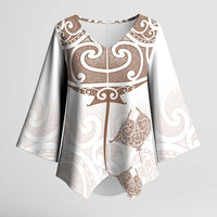 New Zealand Manta Ray Tattoo Kimono Sleeve Blouse Aotearoa Maori Haehae Beige LT14 Female White - Polynesian Pride
