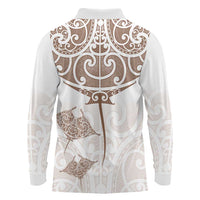 New Zealand Manta Ray Tattoo Long Sleeve Polo Shirt Aotearoa Maori Haehae Beige LT14 - Polynesian Pride