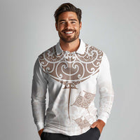 New Zealand Manta Ray Tattoo Long Sleeve Polo Shirt Aotearoa Maori Haehae Beige LT14 - Polynesian Pride