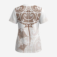 New Zealand Manta Ray Tattoo Scrub Top Aotearoa Maori Haehae Beige LT14 - Polynesian Pride