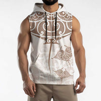 New Zealand Manta Ray Tattoo Sleeveless Hoodie Aotearoa Maori Haehae Beige LT14 - Polynesian Pride