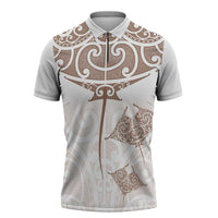 New Zealand Manta Ray Tattoo Zipper Polo Shirt Aotearoa Maori Haehae Beige LT14 White - Polynesian Pride