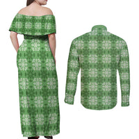 Green Hawaiian Quilt Couples Matching Off Shoulder Maxi Dress and Long Sleeve Button Shirt Hawaii Pineapple Monstera Palaka Motifs LT14 - Polynesian Pride