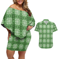 Green Hawaiian Quilt Couples Matching Off Shoulder Short Dress and Hawaiian Shirt Hawaii Pineapple Monstera Palaka Motifs LT14 Green - Polynesian Pride