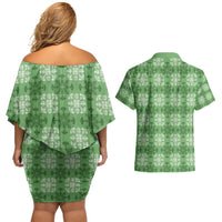 Green Hawaiian Quilt Couples Matching Off Shoulder Short Dress and Hawaiian Shirt Hawaii Pineapple Monstera Palaka Motifs LT14 - Polynesian Pride