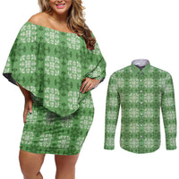 Green Hawaiian Quilt Couples Matching Off Shoulder Short Dress and Long Sleeve Button Shirt Hawaii Pineapple Monstera Palaka Motifs LT14 Green - Polynesian Pride