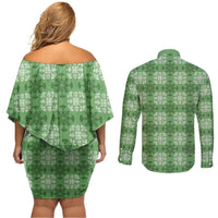 Green Hawaiian Quilt Couples Matching Off Shoulder Short Dress and Long Sleeve Button Shirt Hawaii Pineapple Monstera Palaka Motifs LT14 - Polynesian Pride