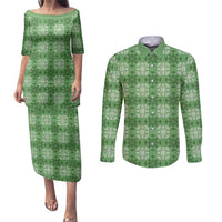 Green Hawaiian Quilt Couples Matching Puletasi and Long Sleeve Button Shirt Hawaii Pineapple Monstera Palaka Motifs LT14 Green - Polynesian Pride