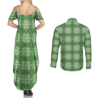 Green Hawaiian Quilt Couples Matching Summer Maxi Dress and Long Sleeve Button Shirt Hawaii Pineapple Monstera Palaka Motifs LT14 - Polynesian Pride