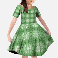 Green Hawaiian Quilt Family Matching Off The Shoulder Long Sleeve Dress and Hawaiian Shirt Hawaii Pineapple Monstera Palaka Motifs LT14 Daughter's Dress Green - Polynesian Pride