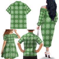 Green Hawaiian Quilt Family Matching Off The Shoulder Long Sleeve Dress and Hawaiian Shirt Hawaii Pineapple Monstera Palaka Motifs LT14 - Polynesian Pride