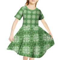 Green Hawaiian Quilt Kid Short Sleeve Dress Hawaii Pineapple Monstera Palaka Motifs LT14 - Polynesian Pride