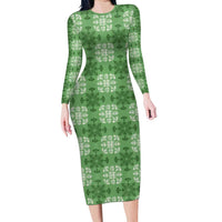 Green Hawaiian Quilt Long Sleeve Bodycon Dress Hawaii Pineapple Monstera Palaka Motifs LT14 Long Dress Green - Polynesian Pride