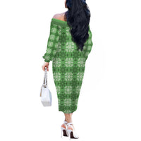 Green Hawaiian Quilt Off The Shoulder Long Sleeve Dress Hawaii Pineapple Monstera Palaka Motifs LT14 - Polynesian Pride