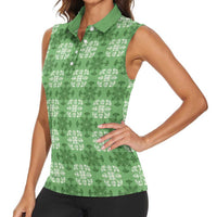 Green Hawaiian Quilt Women Sleeveless Polo Shirt Hawaii Pineapple Monstera Palaka Motifs LT14 - Polynesian Pride
