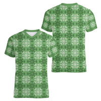 Green Hawaiian Quilt Women V-Neck T-Shirt Hawaii Pineapple Monstera Palaka Motifs LT14 - Polynesian Pride