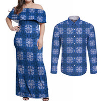 Royal Blue Hawaiian Quilt Couples Matching Off Shoulder Maxi Dress and Long Sleeve Button Shirt Hawaii Pineapple Monstera Palaka Motifs LT14 Royal Blue - Polynesian Pride