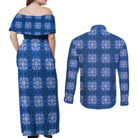 Royal Blue Hawaiian Quilt Couples Matching Off Shoulder Maxi Dress and Long Sleeve Button Shirt Hawaii Pineapple Monstera Palaka Motifs LT14 - Polynesian Pride