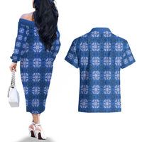 Royal Blue Hawaiian Quilt Couples Matching Off The Shoulder Long Sleeve Dress and Hawaiian Shirt Hawaii Pineapple Monstera Palaka Motifs LT14 - Polynesian Pride