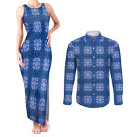 Royal Blue Hawaiian Quilt Couples Matching Tank Maxi Dress and Long Sleeve Button Shirt Hawaii Pineapple Monstera Palaka Motifs LT14 Royal Blue - Polynesian Pride