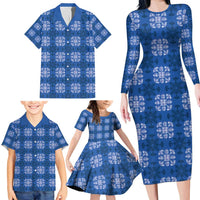 Royal Blue Hawaiian Quilt Family Matching Long Sleeve Bodycon Dress and Hawaiian Shirt Hawaii Pineapple Monstera Palaka Motifs LT14 - Polynesian Pride