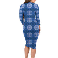 Royal Blue Hawaiian Quilt Long Sleeve Bodycon Dress Hawaii Pineapple Monstera Palaka Motifs LT14 - Polynesian Pride