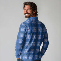 Royal Blue Hawaiian Quilt Long Sleeve Polo Shirt Hawaii Pineapple Monstera Palaka Motifs LT14 - Polynesian Pride