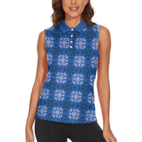 Royal Blue Hawaiian Quilt Women Sleeveless Polo Shirt Hawaii Pineapple Monstera Palaka Motifs LT14 - Polynesian Pride