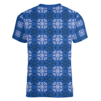 Royal Blue Hawaiian Quilt Women V-Neck T-Shirt Hawaii Pineapple Monstera Palaka Motifs LT14 - Polynesian Pride