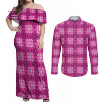 Pink Hawaiian Quilt Couples Matching Off Shoulder Maxi Dress and Long Sleeve Button Shirt Hawaii Pineapple Monstera Palaka Motifs LT14 Pink - Polynesian Pride