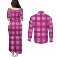 Pink Hawaiian Quilt Couples Matching Puletasi and Long Sleeve Button Shirt Hawaii Pineapple Monstera Palaka Motifs LT14 - Polynesian Pride