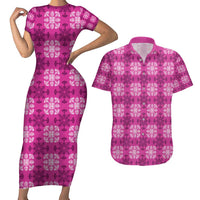 Pink Hawaiian Quilt Couples Matching Short Sleeve Bodycon Dress and Hawaiian Shirt Hawaii Pineapple Monstera Palaka Motifs LT14 Pink - Polynesian Pride