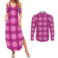 Pink Hawaiian Quilt Couples Matching Summer Maxi Dress and Long Sleeve Button Shirt Hawaii Pineapple Monstera Palaka Motifs LT14 Pink - Polynesian Pride