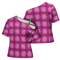 Pink Hawaiian Quilt Cross Shoulder Shirt Hawaii Pineapple Monstera Palaka Motifs - Polynesian Pride