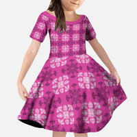 Pink Hawaiian Quilt Family Matching Long Sleeve Bodycon Dress and Hawaiian Shirt Hawaii Pineapple Monstera Palaka Motifs LT14 Daughter's Dress Pink - Polynesian Pride