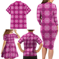 Pink Hawaiian Quilt Family Matching Long Sleeve Bodycon Dress and Hawaiian Shirt Hawaii Pineapple Monstera Palaka Motifs LT14 - Polynesian Pride