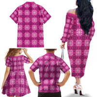 Pink Hawaiian Quilt Family Matching Off The Shoulder Long Sleeve Dress and Hawaiian Shirt Hawaii Pineapple Monstera Palaka Motifs LT14 - Polynesian Pride