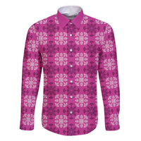 Pink Hawaiian Quilt Family Matching Off The Shoulder Long Sleeve Dress and Hawaiian Shirt Hawaii Pineapple Monstera Palaka Motifs LT14 Dad's Shirt - Long Sleeve Pink - Polynesian Pride