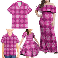 Pink Hawaiian Quilt Family Matching Off Shoulder Maxi Dress and Hawaiian Shirt Hawaii Pineapple Monstera Palaka Motifs LT14 - Polynesian Pride