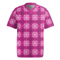 Pink Hawaiian Quilt Rugby Jersey Hawaii Pineapple Monstera Palaka Motifs - Polynesian Pride