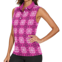 Pink Hawaiian Quilt Women Sleeveless Polo Shirt Hawaii Pineapple Monstera Palaka Motifs LT14 - Polynesian Pride