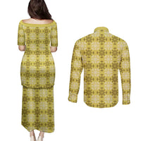 Yellow Hawaiian Quilt Couples Matching Puletasi and Long Sleeve Button Shirt Hawaii Pineapple Monstera Palaka Motifs LT14 - Polynesian Pride