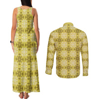 Yellow Hawaiian Quilt Couples Matching Tank Maxi Dress and Long Sleeve Button Shirt Hawaii Pineapple Monstera Palaka Motifs LT14 - Polynesian Pride