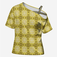 Yellow Hawaiian Quilt Cross Shoulder Shirt Hawaii Pineapple Monstera Palaka Motifs - Polynesian Pride