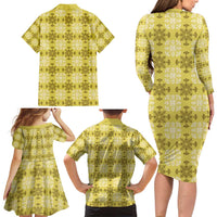 Yellow Hawaiian Quilt Family Matching Long Sleeve Bodycon Dress and Hawaiian Shirt Hawaii Pineapple Monstera Palaka Motifs LT14 - Polynesian Pride