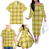 Yellow Hawaiian Quilt Family Matching Off The Shoulder Long Sleeve Dress and Hawaiian Shirt Hawaii Pineapple Monstera Palaka Motifs LT14 - Polynesian Pride