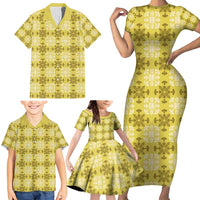 Yellow Hawaiian Quilt Family Matching Short Sleeve Bodycon Dress and Hawaiian Shirt Hawaii Pineapple Monstera Palaka Motifs LT14 - Polynesian Pride