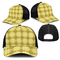 Yellow Hawaiian Quilt Mesh Trucker Cap Hawaii Pineapple Monstera Palaka Motifs - Polynesian Pride